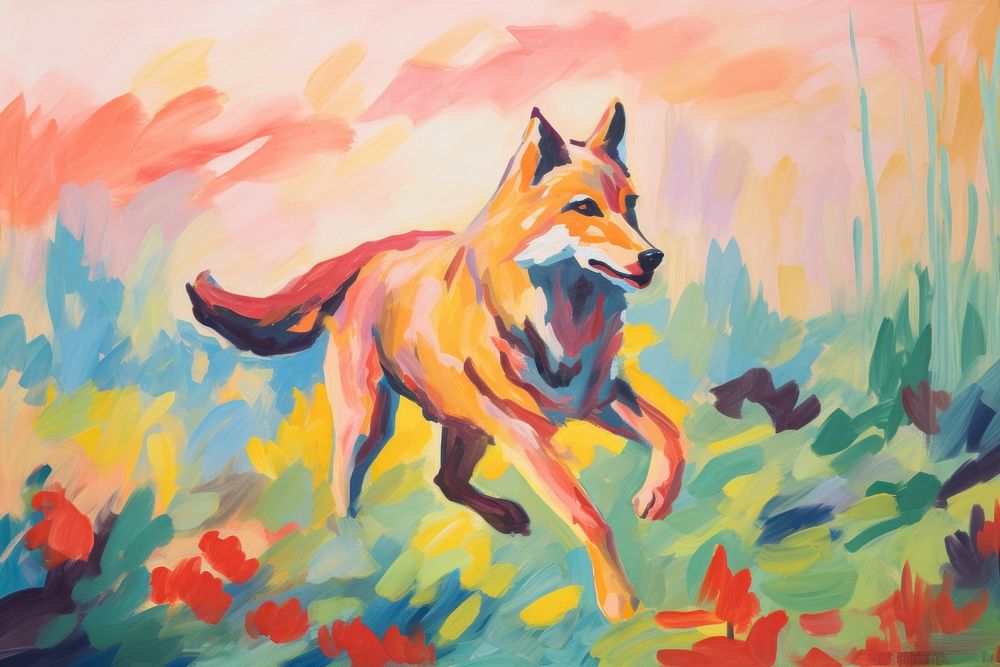 Wolf running in garden painting animal mammal.