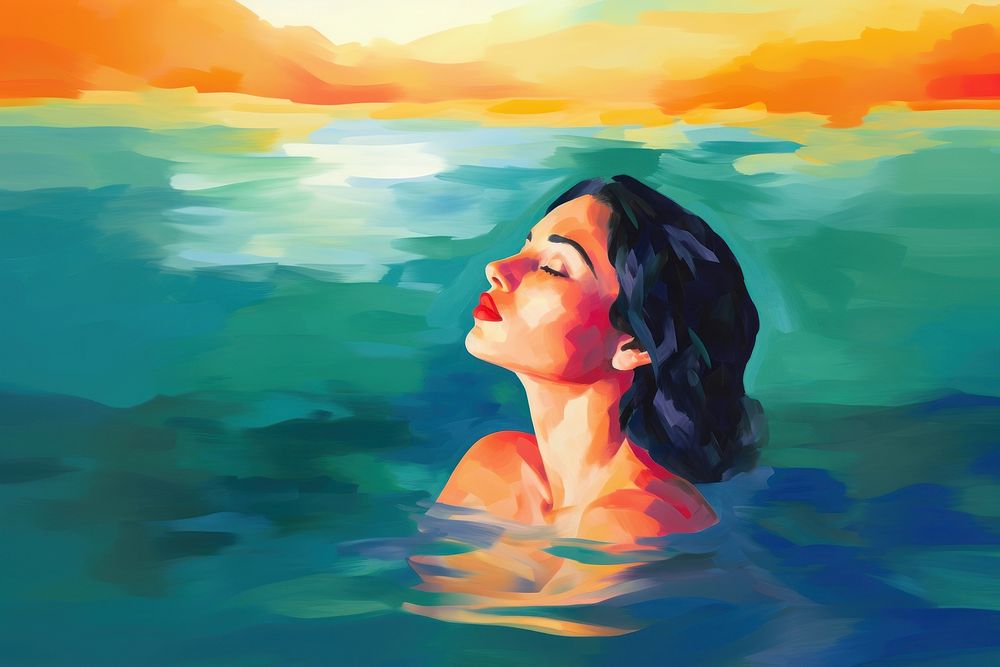 Woman and sea painting swimming portrait.