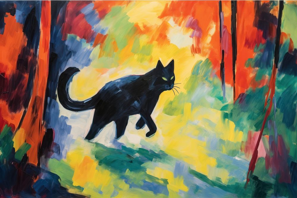 Cat running in garden painting mammal animal.