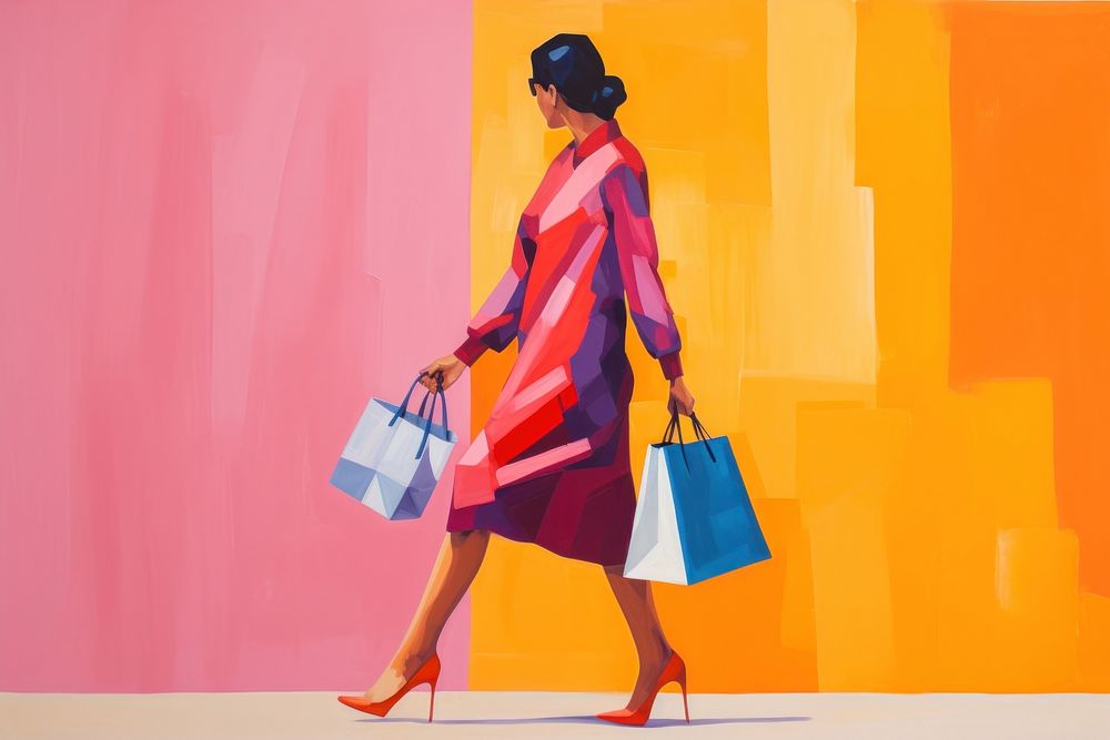 Woman shopping footwear painting handbag.