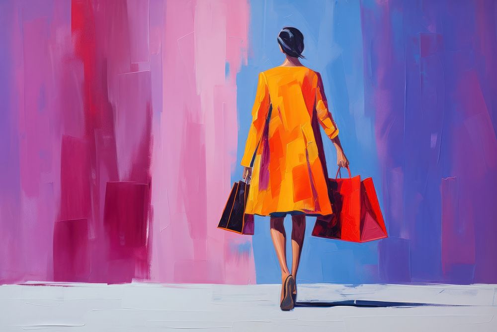 Woman shopping painting handbag walking.