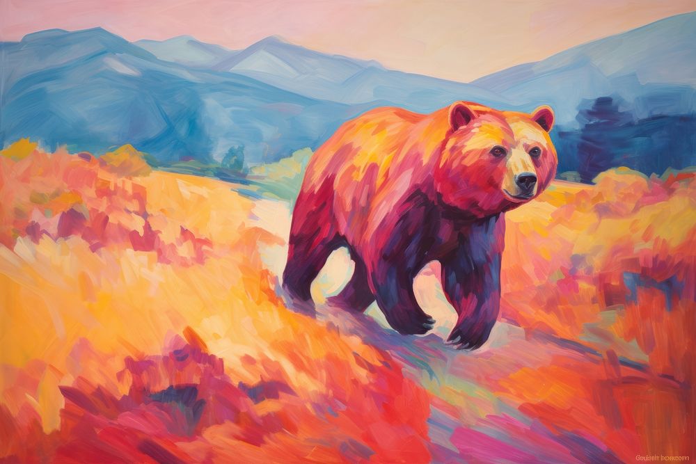 Bear running in garden landscape wildlife painting.