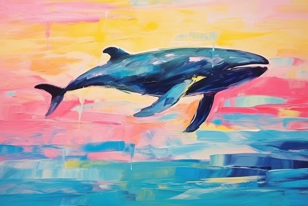 Whale and sea wave painting dolphin animal.