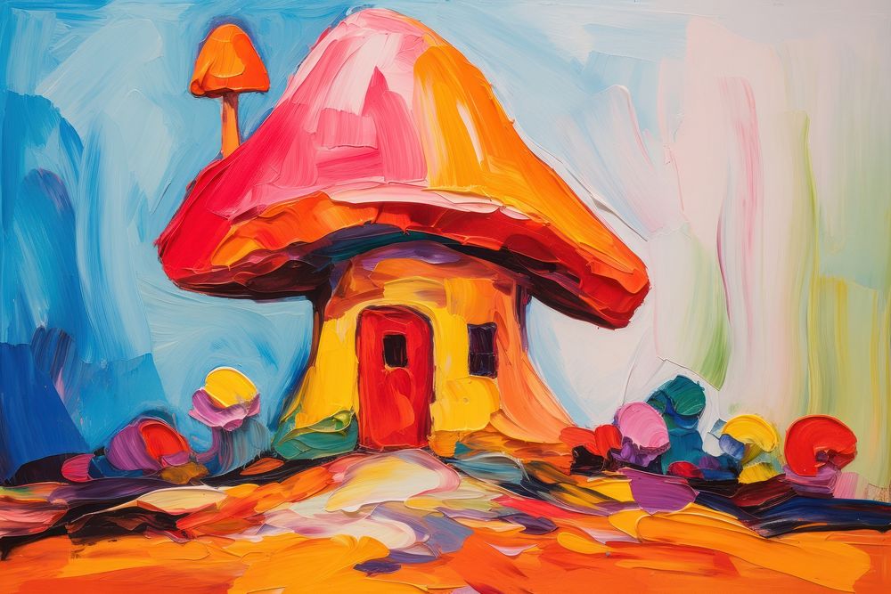 PNG Mushroom house painting art representation.