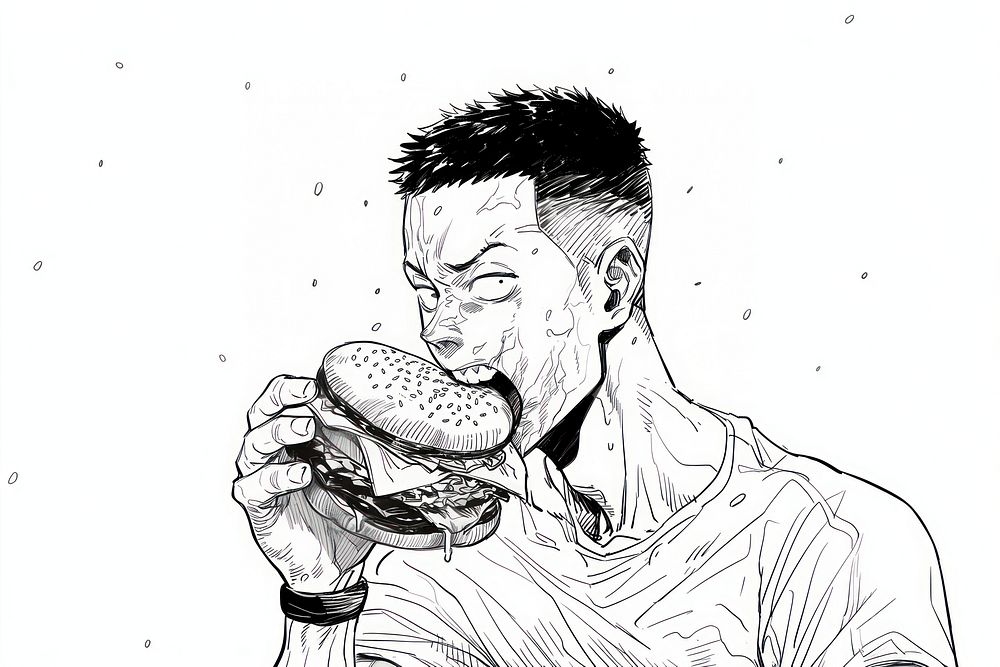 Man eating burger drawing sketch cartoon.