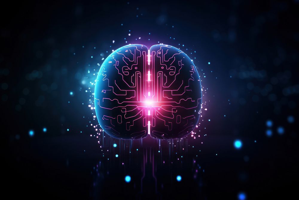 Technology digital Scan brain on blurry dark blue background futuristic illuminated cyberspace.