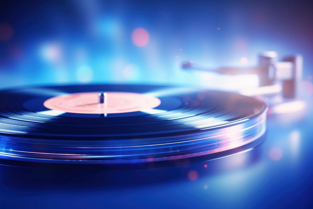 Technology Digital Vinyl dish Music on blurry technology digital background music illuminated gramophone.
