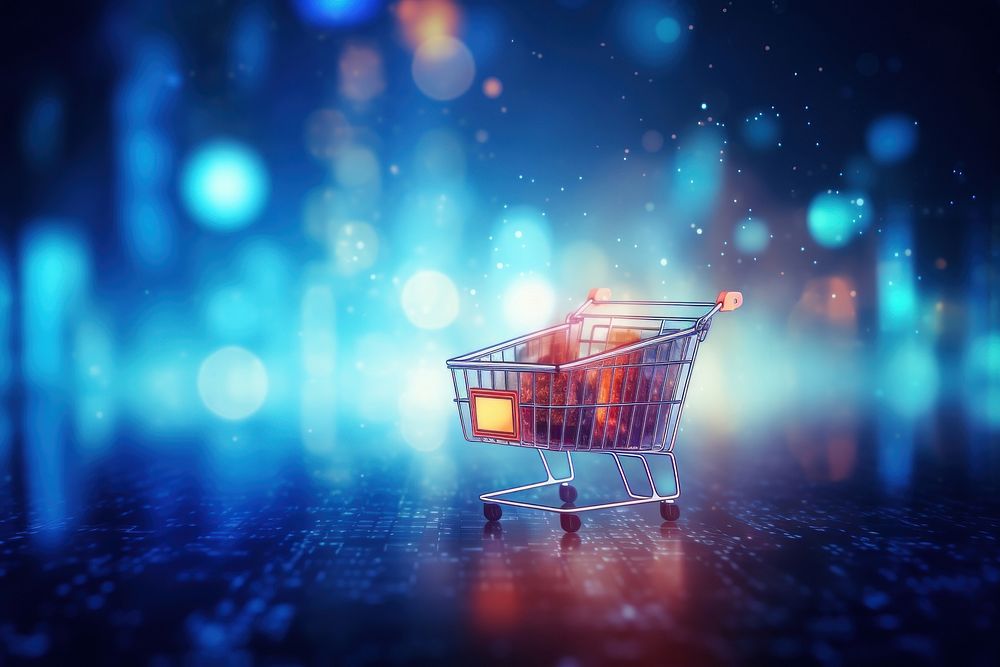 Shopping on blurry digital background futuristic abstract shopping.