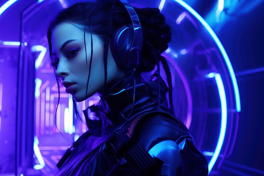 Neon innovation in the new era of space exploration background headphones adult light.