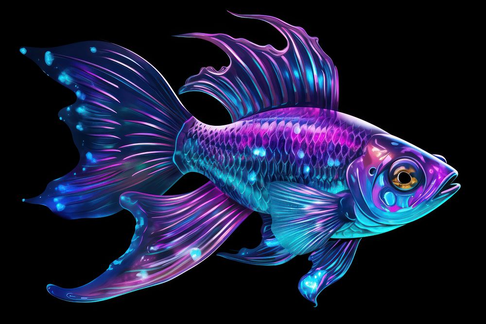 Neon realistic fish animal black background illuminated.