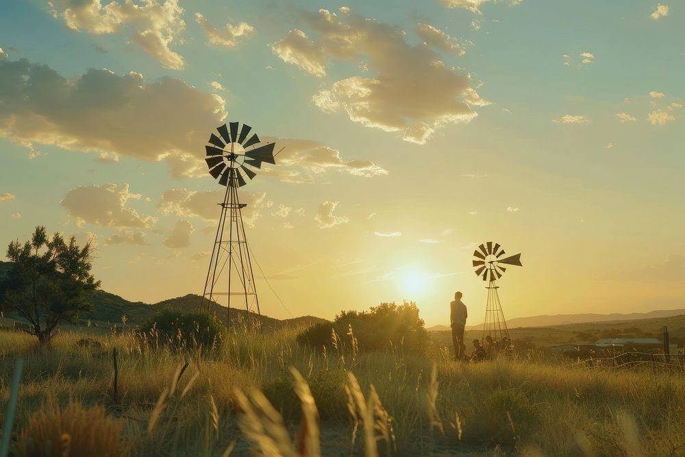 Windmills at sunset time grassland outdoors nature.