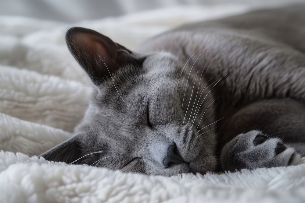 Beautiful grey cat sleeping blanket mammal.