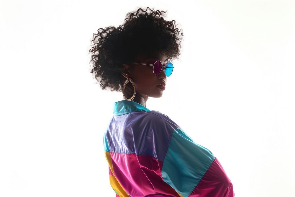 Black young woman white background backlighting sunglasses.