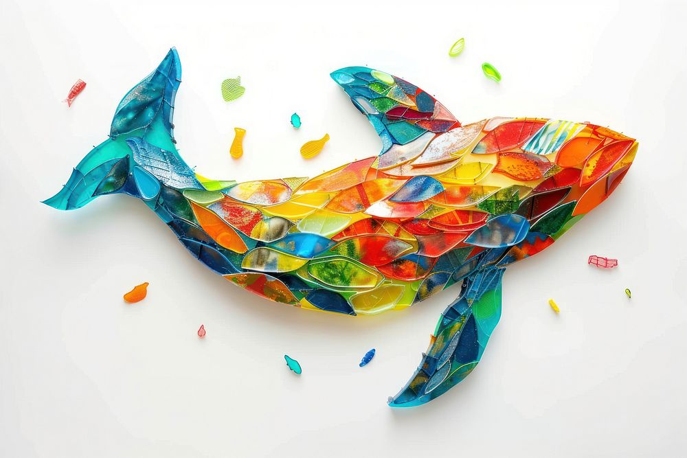Whale made from polyethylene origami shape art.