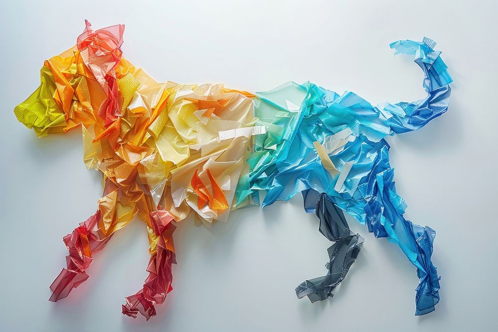 Dog made from polyethylene plastic art representation.