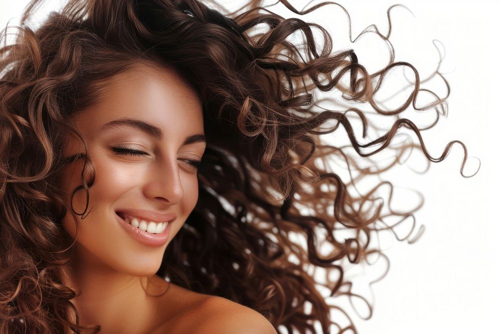 Woman with curly hair smiling portrait laughing adult.