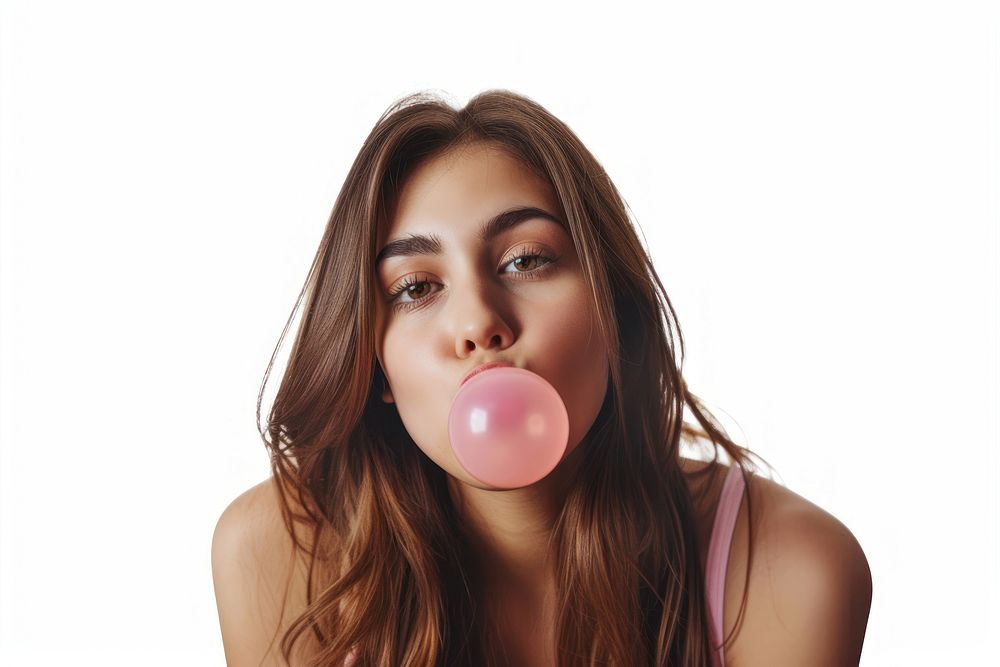 Young woman blows off portrait adult gum.