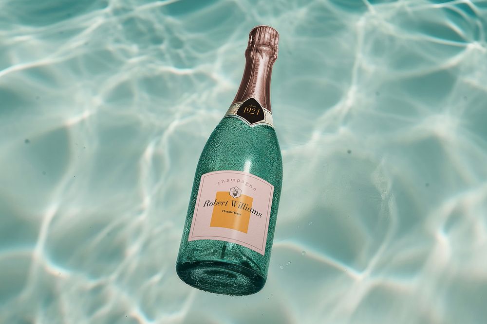 Champagne bottle floating in pool
