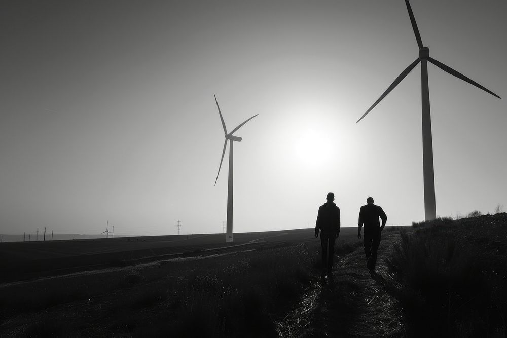 Wind Energy farm walking silhouette windmill.