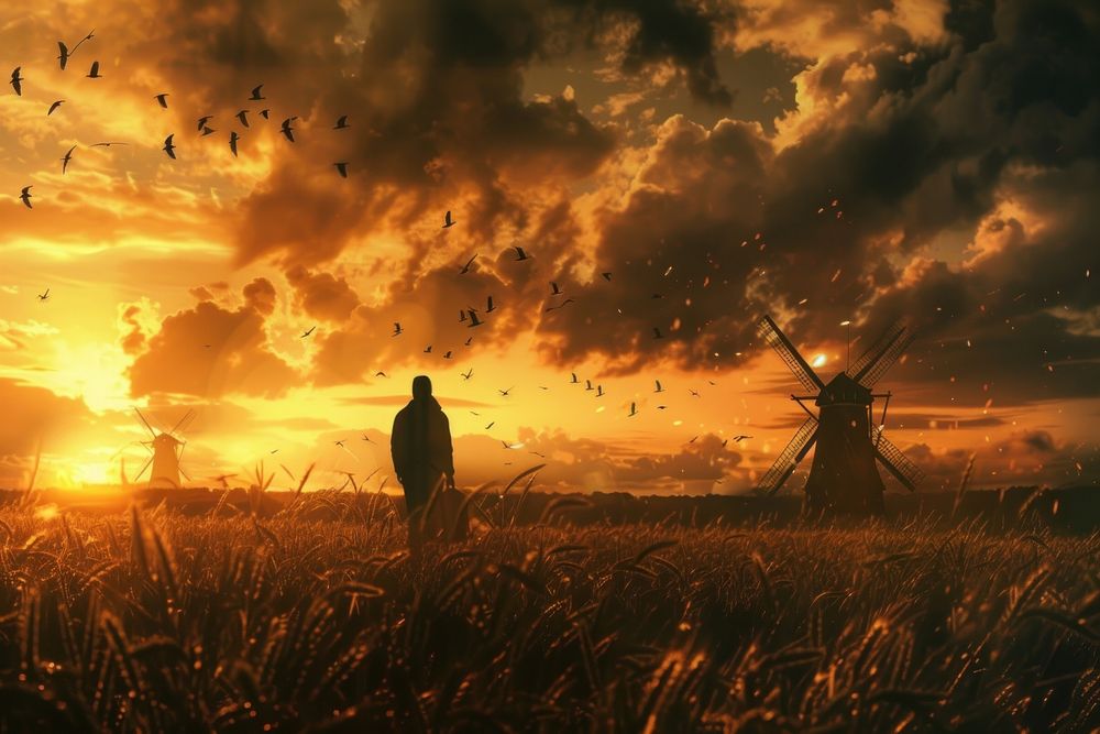 Windmills at sunset time landscape outdoors nature.