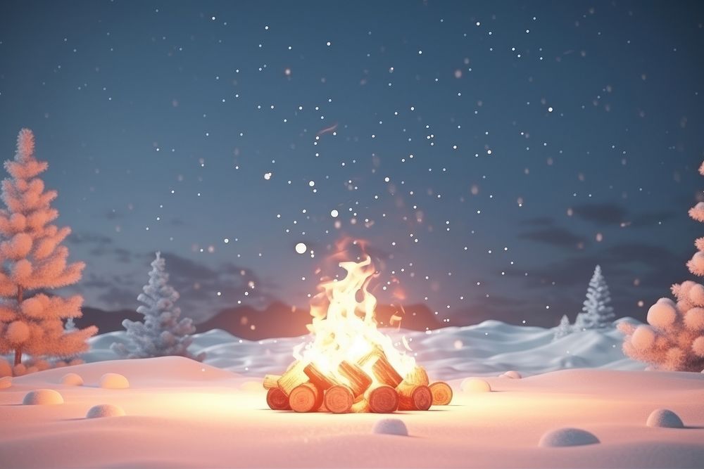 3d rendering snow background fire christmas campfire.