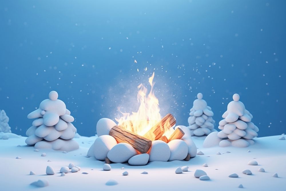 3d rendering snow background fire campfire outdoors.