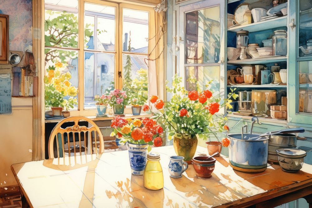 Watercolor kitchen room architecture furniture painting.
