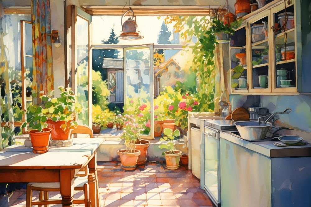 Watercolor kitchen room architecture building outdoors.