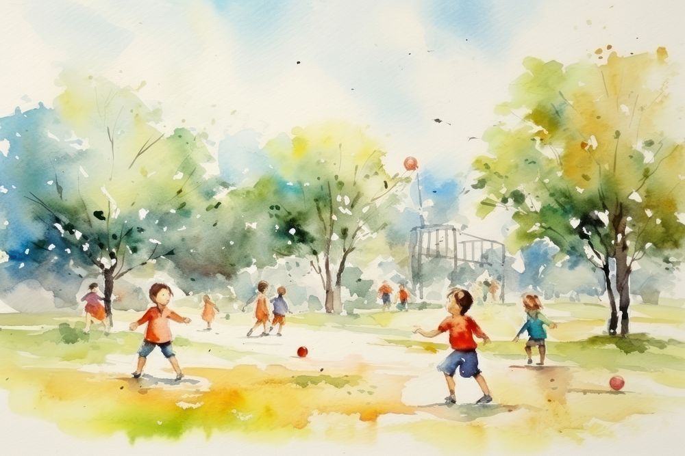 Children playing in park painting basketball outdoors.