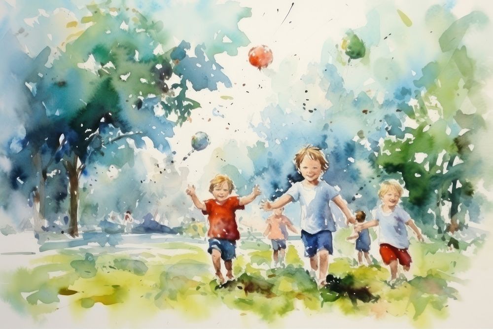 Children playing in the garden painting outdoors walking.
