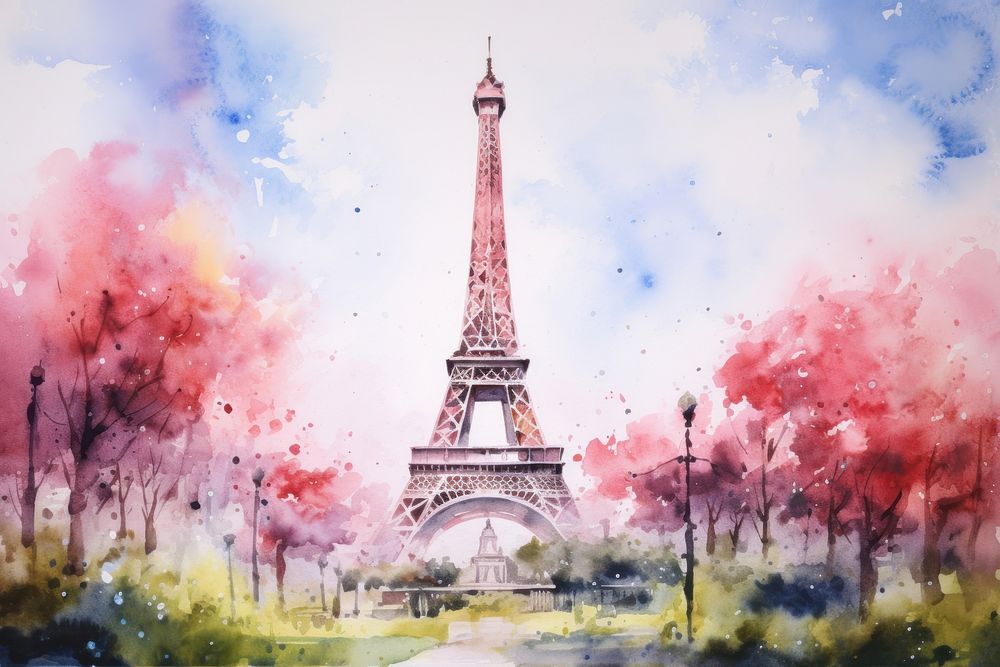 Eiffel tower landscape painting architecture plant.