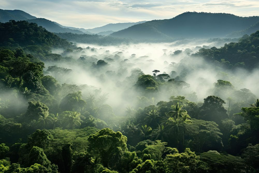 Rainforest fog vegetation landscape.