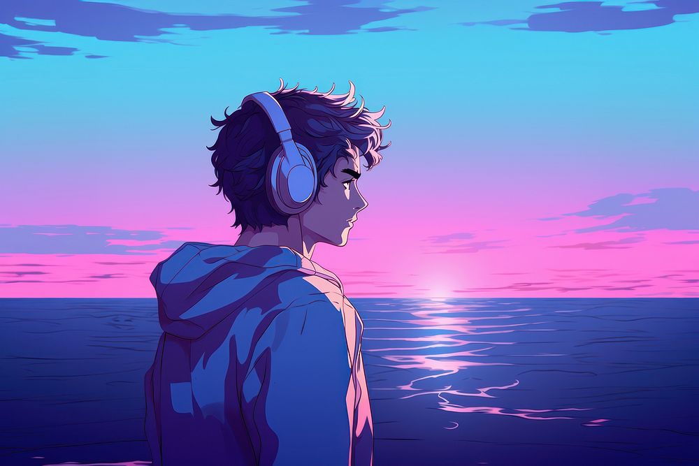 A boy student wearing earphones purple beach blue.