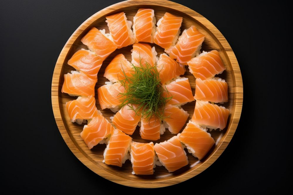 Sushi wooden dish seafood salmon vegetable.