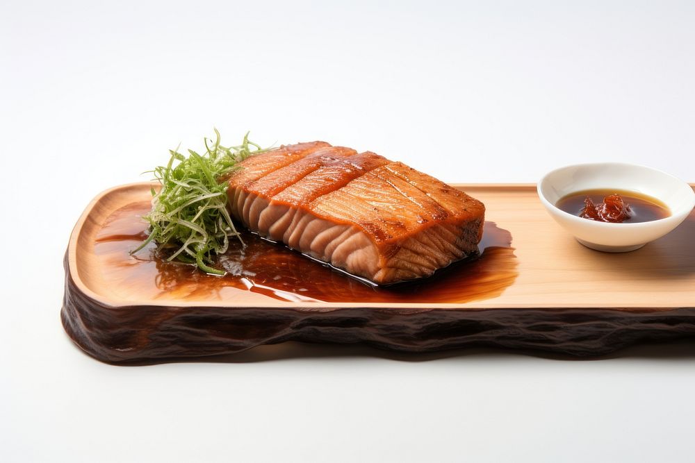 Fish steak on wooden dish seafood salmon meat.