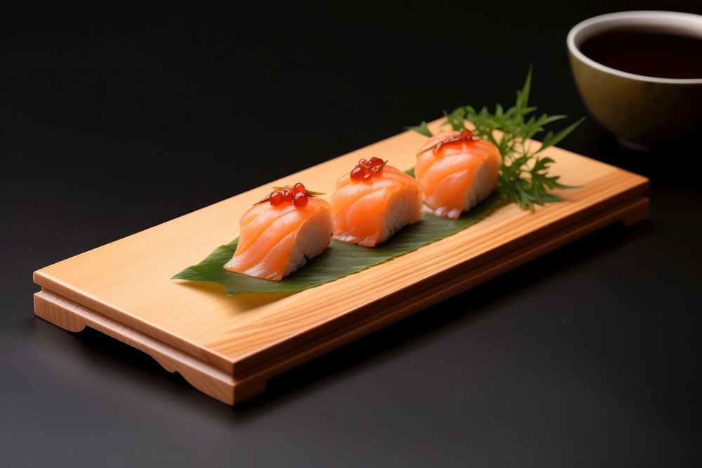 Shrimp sushi wooden dish plate food rice.