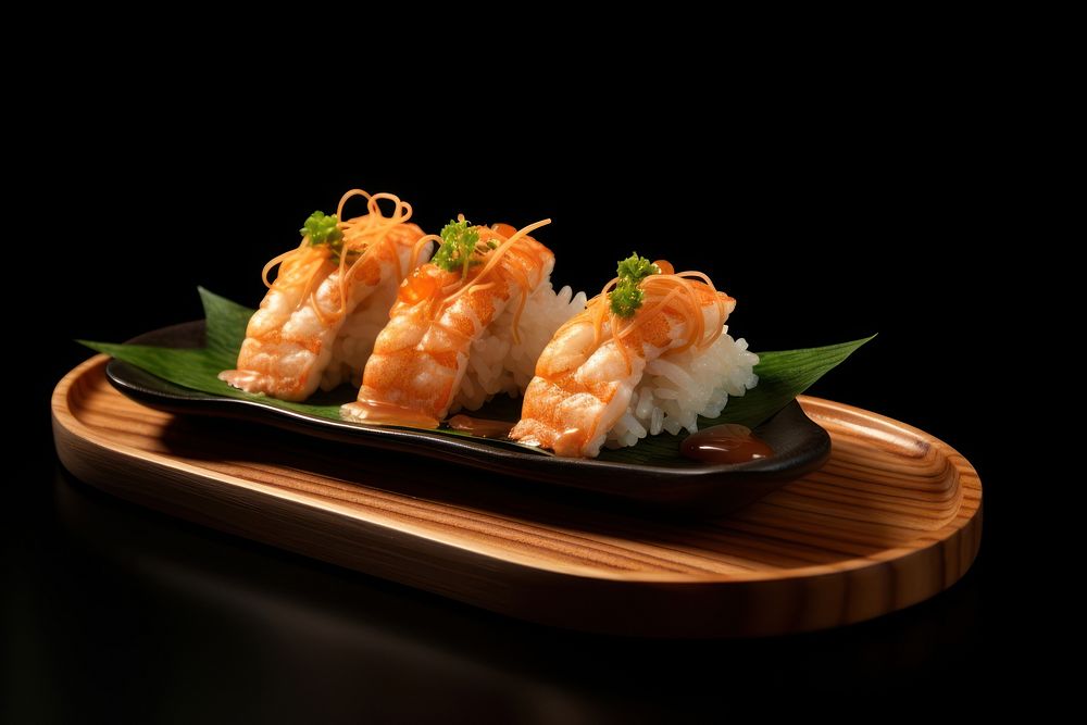 Shrimp sushi wooden dish food meal rice.