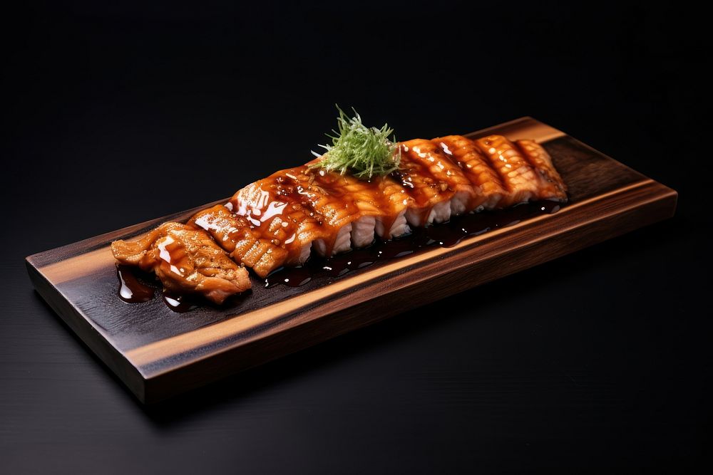 Unagi sushi wooden dish meat food meal.