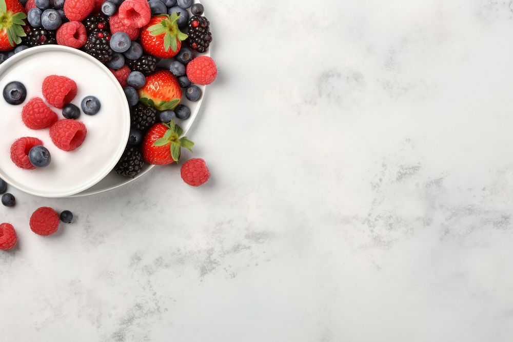 Berries with yogurt bowl blackberry blueberry dessert.