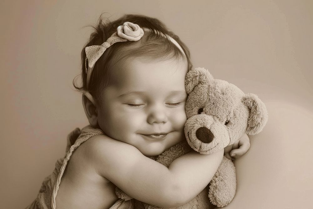 Baby girl holding teddy bear photography portrait toy.