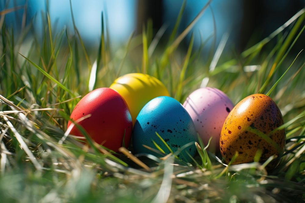 Easter eggs painted on the grass plant celebration tradition.