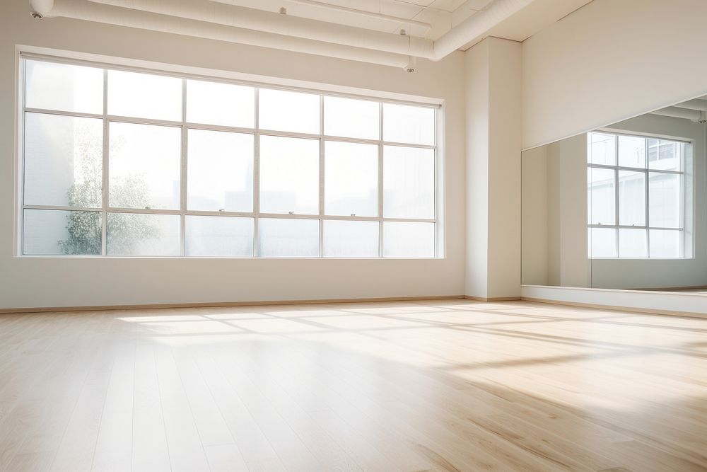 Dance classroom flooring window wood.