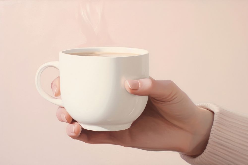 Close up of hand holding hot chocolate coffee drink cup.