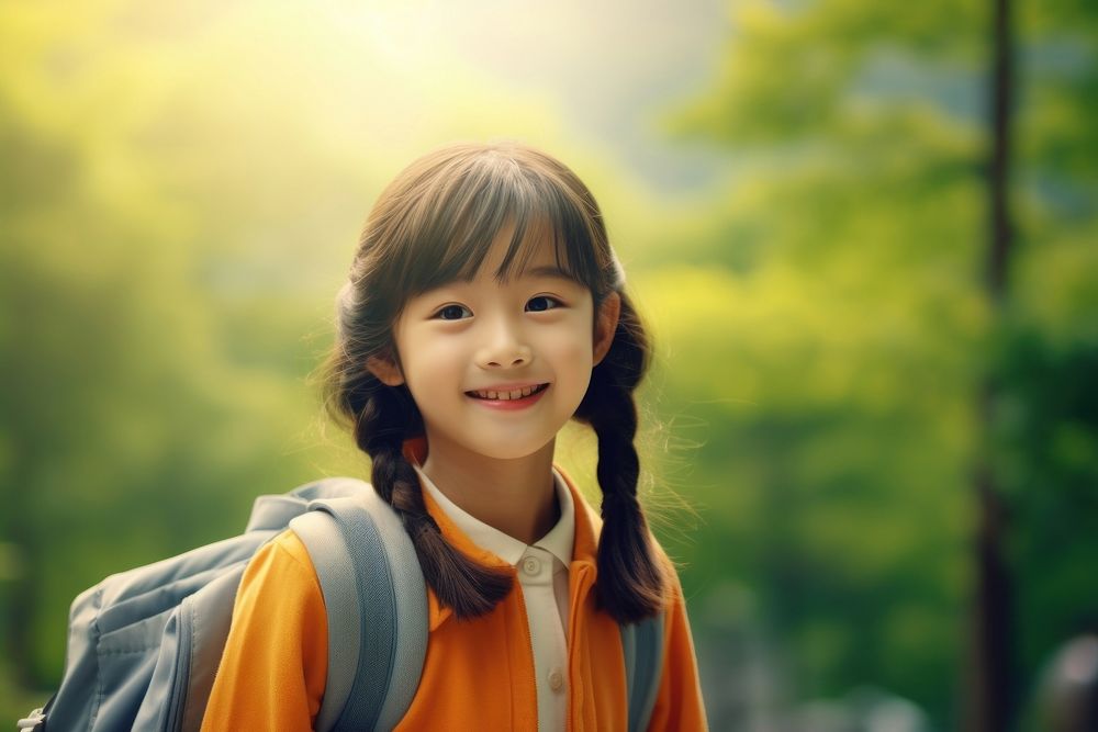 Elementary school Asian girl smiling nature smile.