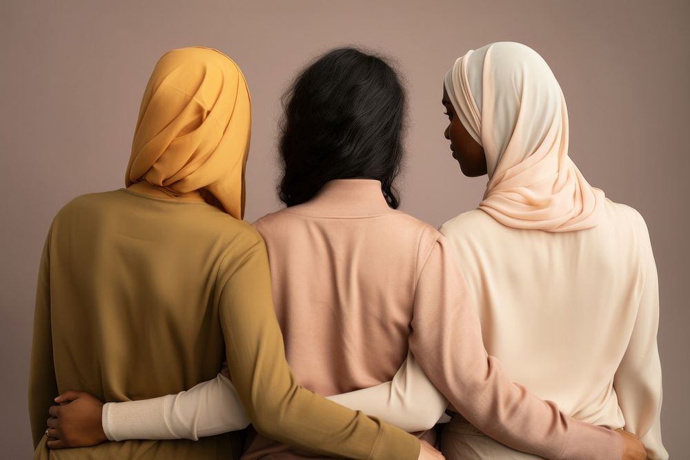 Three diverse woman community adult togetherness headscarf.