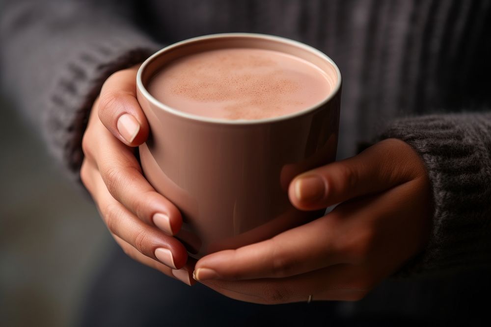 Hand holding hot chocolate cup dessert finger drink.