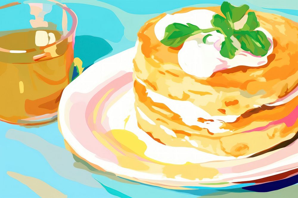 Brunch pancake with coffee painting dessert cartoon.
