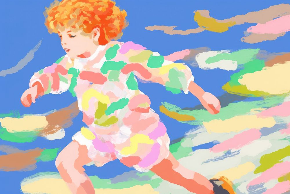 Kid running painting abstract cartoon.