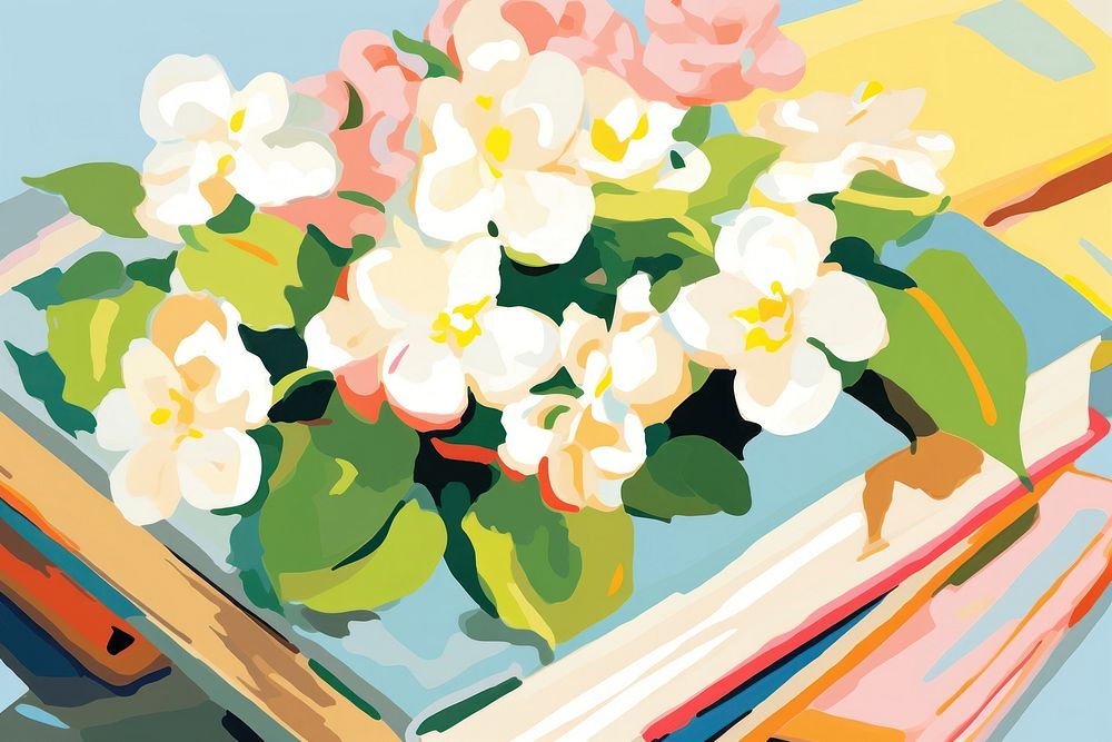 Jasmine flowers on the book painting art cartoon.