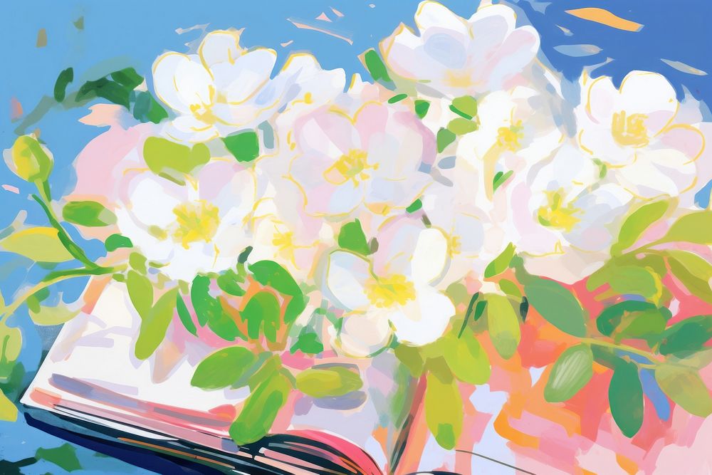 Jasmine flowers on the book painting art outdoors.